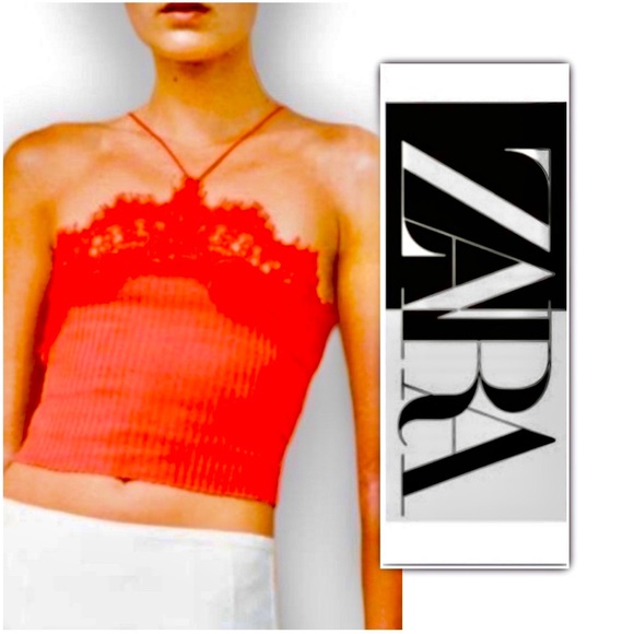Zara Red Intense Lace Ribbed Cropped Top - Picture 1 of 10